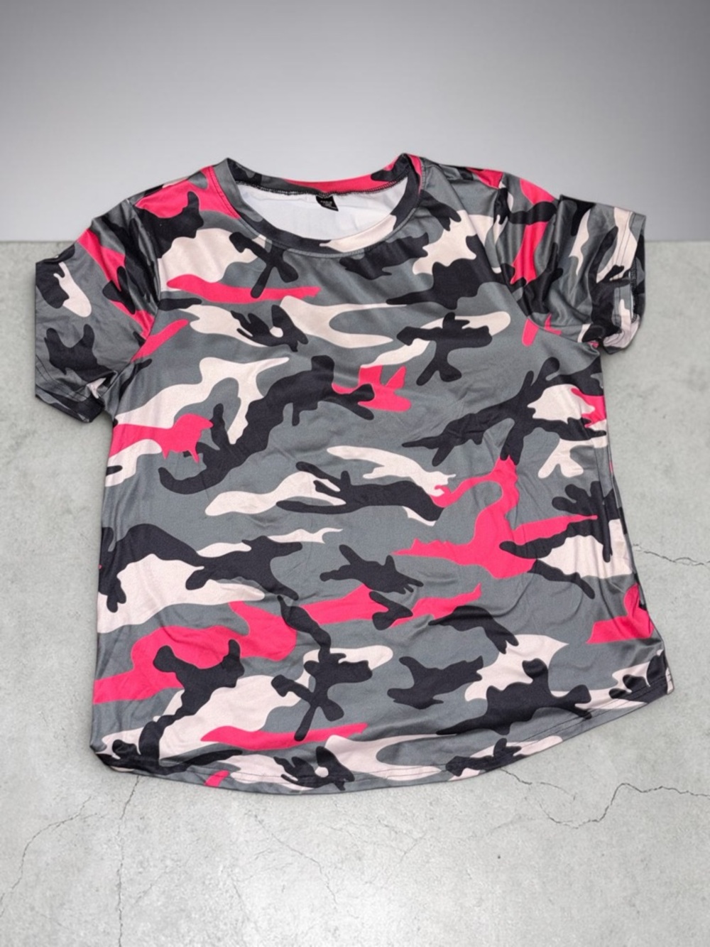 SHEIN Pink & Gray Camo Short Sleeve Tee - Crew Neck